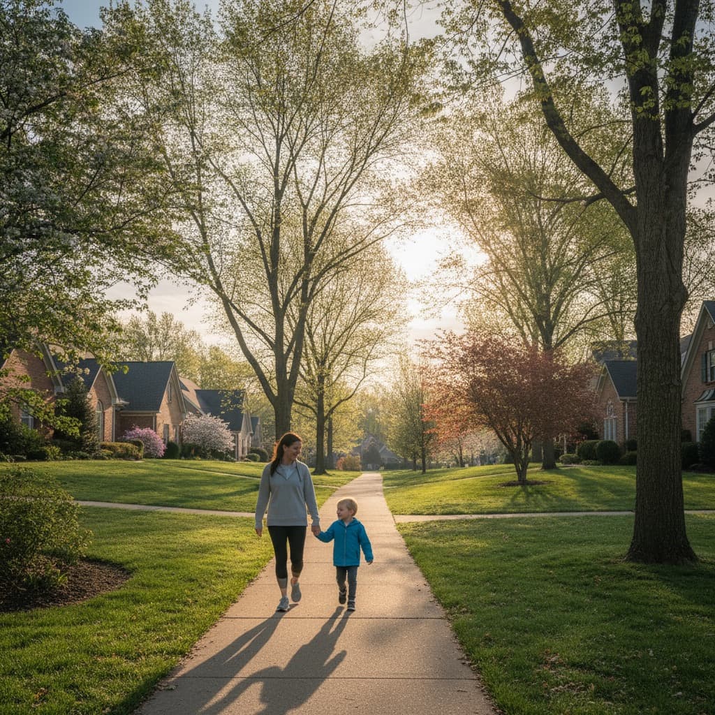 A parent and child holding hands on a tree-lined neighborhood sidewalk