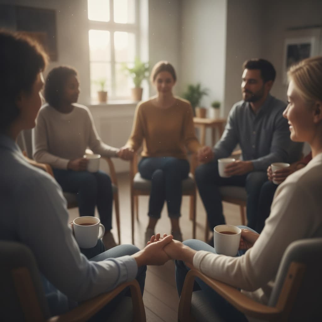People seated in a circle with warm drinks during a support group